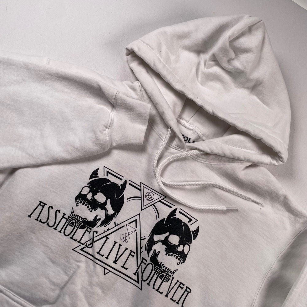 A**Holes Live Forever Mens White Skull Graphic Hoodie Sweatshirt Medium